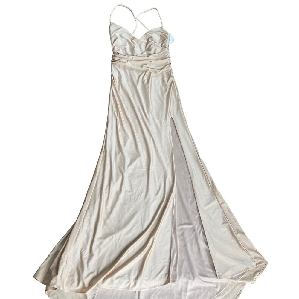 La Femme Size 10 Beige Strappy Back Ruched Dress Side Slit NWOT